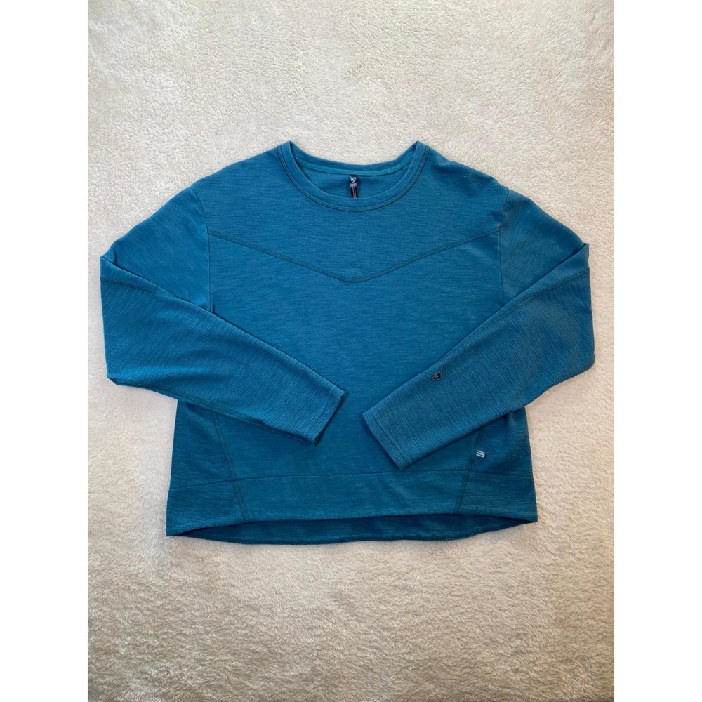 Kuhl Womens Teal Blue Crew Neck Long Sleeve Top Size L Cotton Blend Chevron Seam